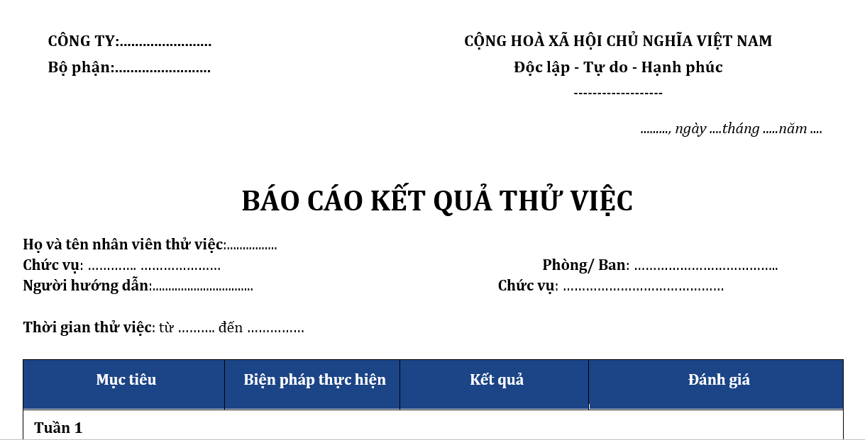 Bài mẫu báo cáo kết quả thử việc từng tuần chuẩn 2025 thế nào?