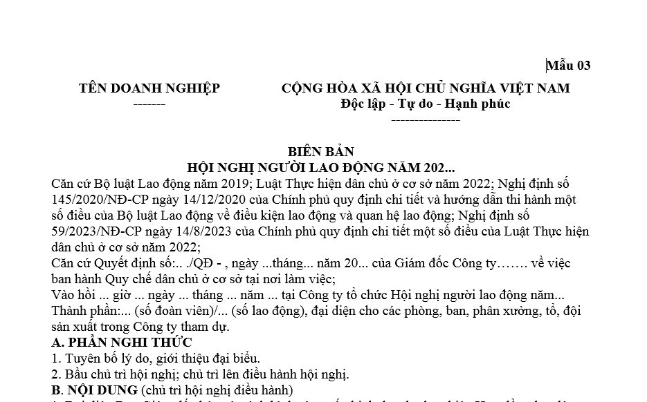 Mẫu biên bản hội nghị người lao động 2025, nội dung biên bản Hội nghị người lao động thế nào?