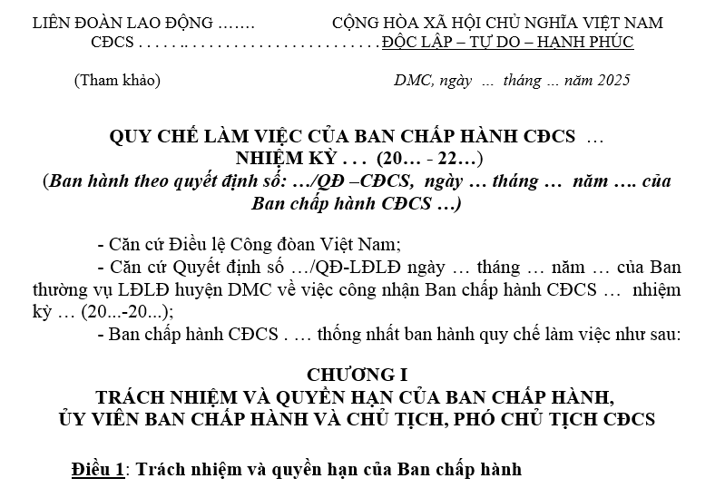 Mẫu quy chế làm việc của Ban Chấp hành Công đoàn cơ sở 2025 là mẫu nào?