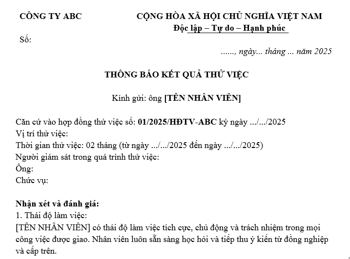 Mẫu thông báo kết quả thử việc đạt yêu cầu