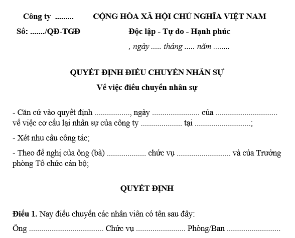 Mẫu quyết định điều chuyển nhân sự nội bộ 2025