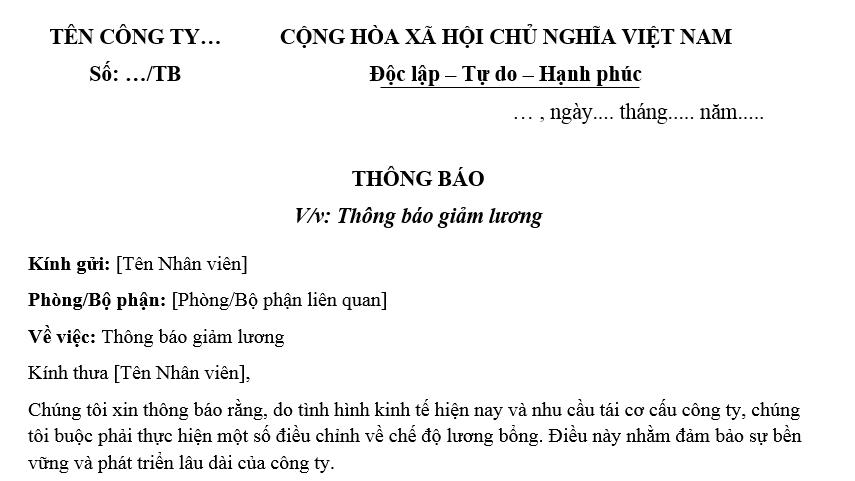 Mẫu thông báo giảm lương nhân viên mới nhất 2025 là mẫu nào?