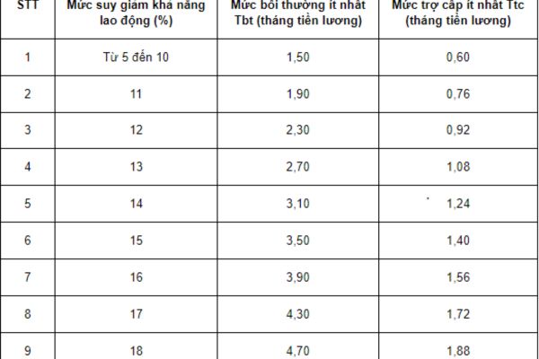 Một phần của bảng tính mức bồi thường, trợ cấp từ người sử dụng lao động đối với người lao động bị tai nạn lao động, bệnh nghề nghiệp