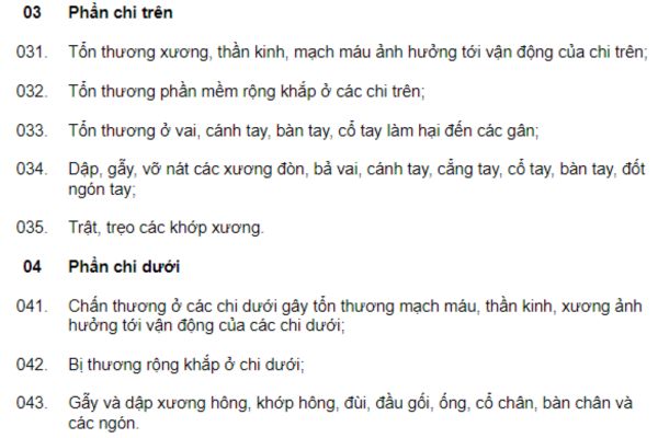 Một phần danh mục các chấn thương để xác định loại tai nạn lao động nặng