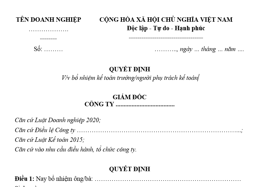 Mẫu quyết định bổ nhiệm kế toán trưởng công ty TNHH 2025 là mẫu nào?