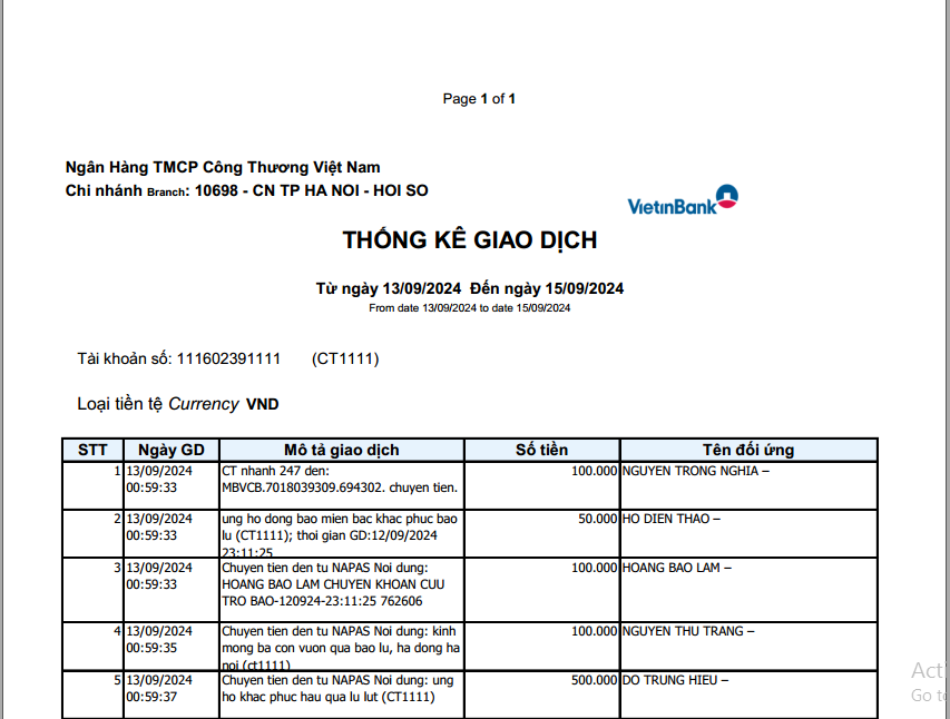 Sao kê Vietinbank ngày 13/9-15/9/2024