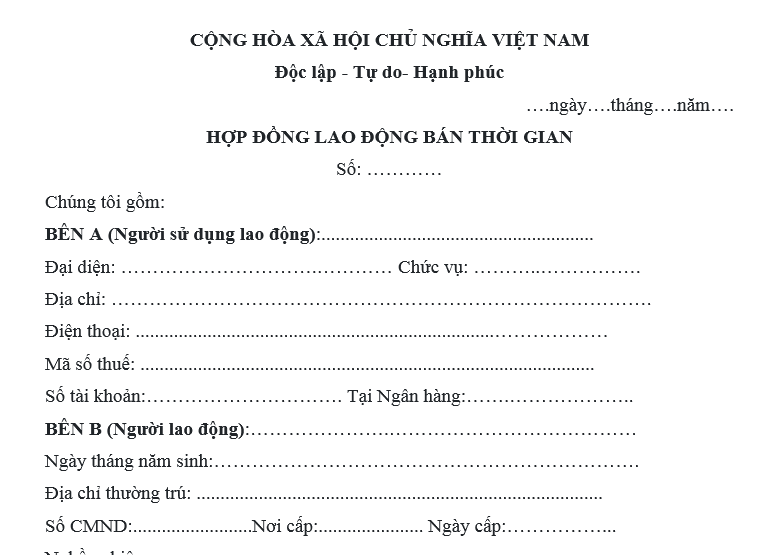 Mẫu hợp đồng lao động không trọn thời gian