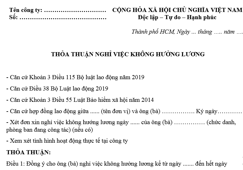 Mẫu thỏa thuận nghỉ việc không hưởng lương chuẩn 2025 là mẫu nào?