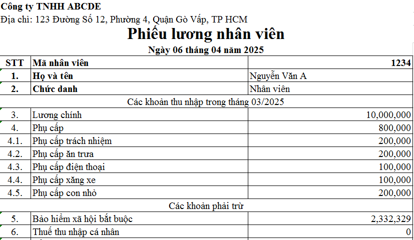 Tải mẫu phiếu lương Excel cho nhân viên chuẩn năm 2025