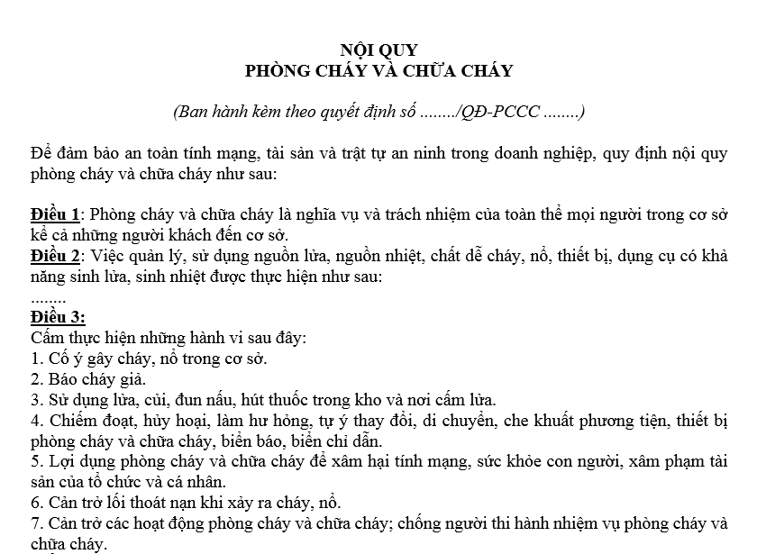 Mẫu nội quy phòng cháy chữa cháy file word mới nhất 2025 dành cho doanh nghiệp là mẫu nào?
