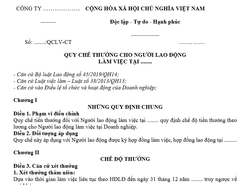 Mẫu quy chế thi đua khen thưởng của công ty chuẩn 2025 làm mẫu nào?