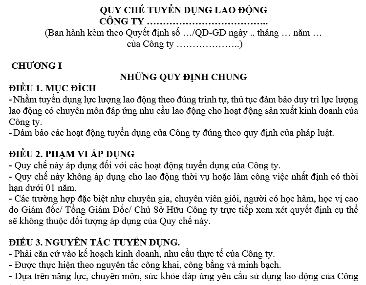 Mẫu quy chế tuyển dụng và đào tạo của doanh nghiệp chuẩn 2025 là mẫu nào?