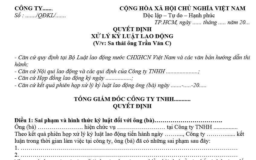 Mẫu quyết định sa thải nhân viên tự ý nghỉ việc mới nhất là mẫu nào?