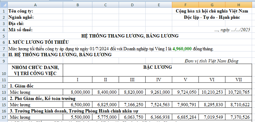 Mẫu thang bảng lương Excel mới nhất 2025 danh cho doanh nghiệp là mẫu nào?