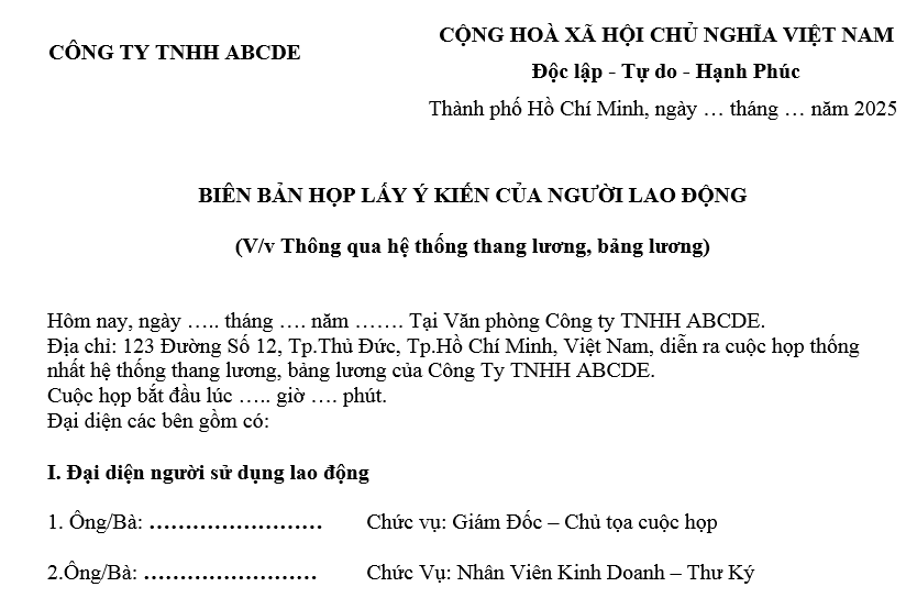 Mẫu biên bản thông qua hệ thống thang bảng lương 2025 là mẫu nào?