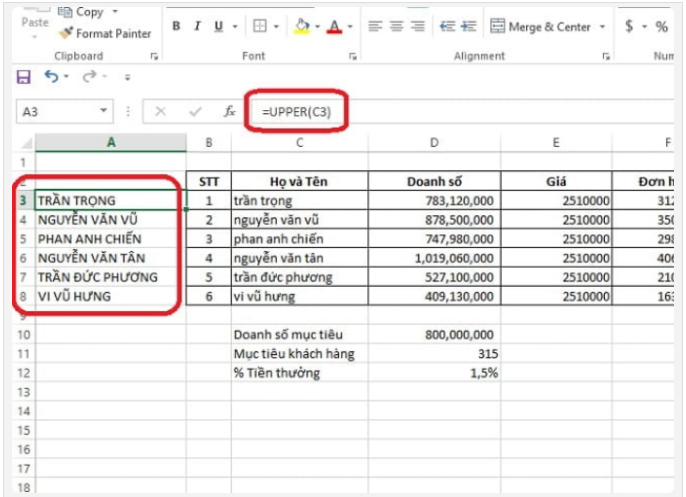 Công thức hàm UPPER trong Excel để chuyển chữ thường thành in hoa