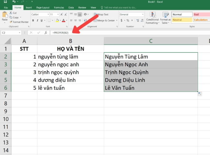 Ví dụ sử dụng hàm PROPER trong Excel để viết hoa chữ cái đầu