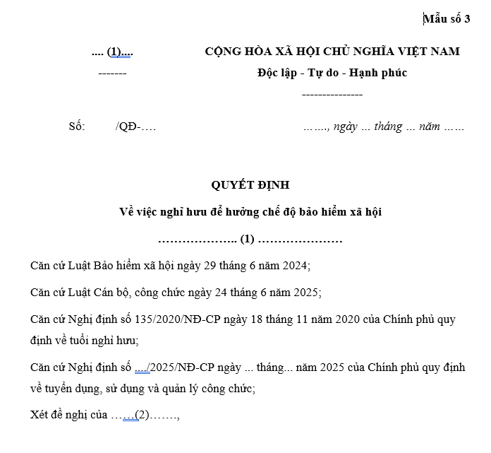 Quyết định về việc nghỉ hưu để hưởng chế độ bảo hiểm xã hội
