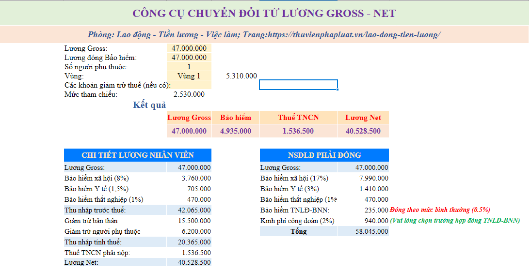 Hướng dẫn chuyển từ lương Gross sang lương Net
