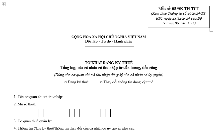 Mẫu tờ khai đăng ký thuế tổng hợp cho cá nhân có thu nhập từ tiền lương, tiền công 