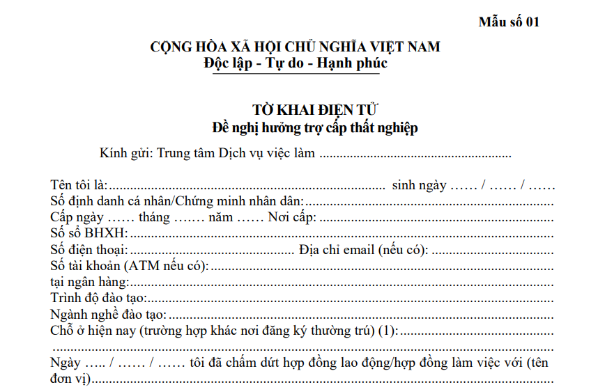 mẫu đơn đề nghị hưởng trợ cấp thất nghiệp online