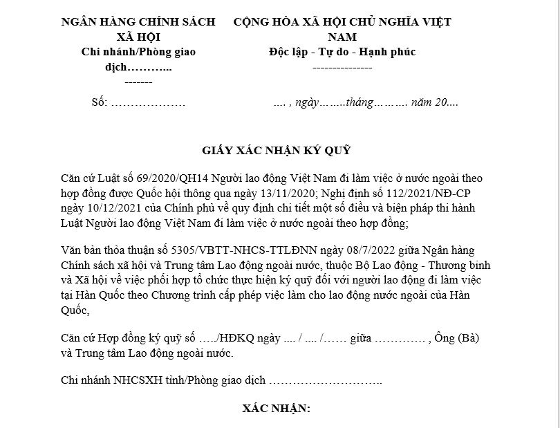 Tải mẫu Giấy xác nhận ký quỹ cho người lao động đi làm việc tại Hàn Quốc có dạng ra sao?