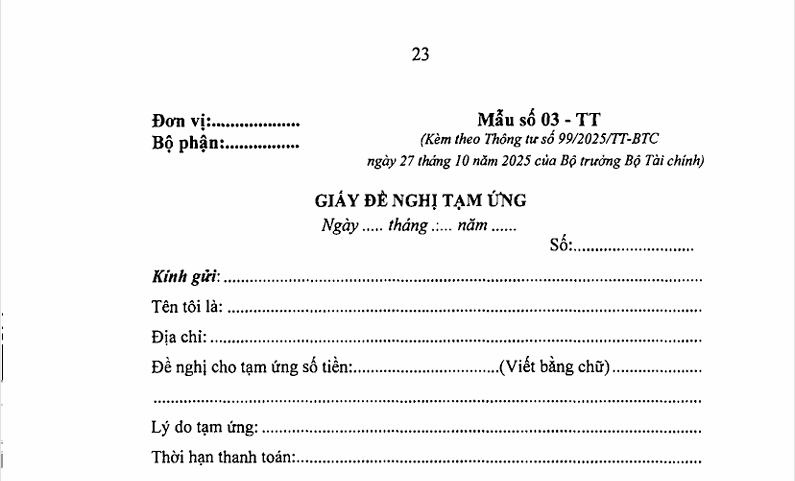 Mẫu giấy đề nghị tạm ứng ban hành kèm theo Thông tư 99 được sử dụng từ 01/01/2026, có dạng ra sao?