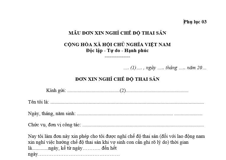 Mẫu đơn xin nghỉ chế độ thai sản cho công chức viên chức làm việc trong các cơ quan, đơn vị trực thuộc Cục HKVN, có dạng thế nào?