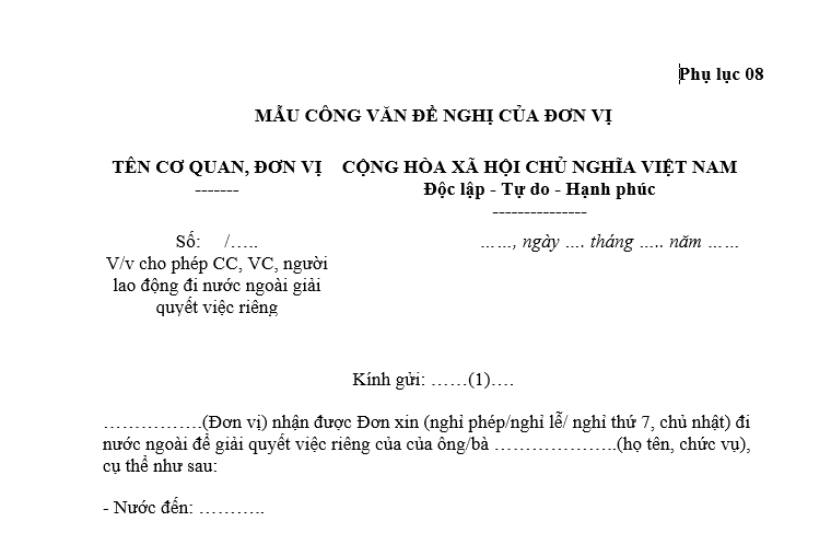 Tải mẫu Công văn đề nghị dành cho đơn vị, yêu cầu cho phép công chức viên chức và người lao động đi nước ngoài để giải quyết việc riêng theo Hướng dẫn 2786, có dạng thế nào?