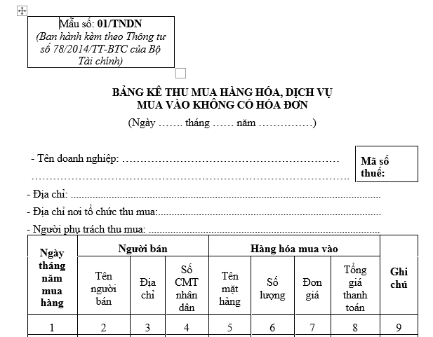Mẫu bảng kê thu mua hàng hóa dịch vụ mua vào không có hóa đơn
