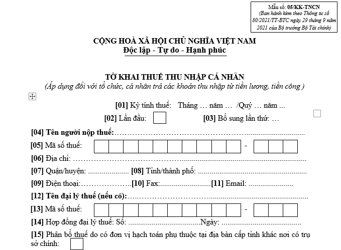 Mẫu 05/KK-TNCN Tờ khai thuế thu nhập cá nhân với thu nhập từ tiền lương, tiền công