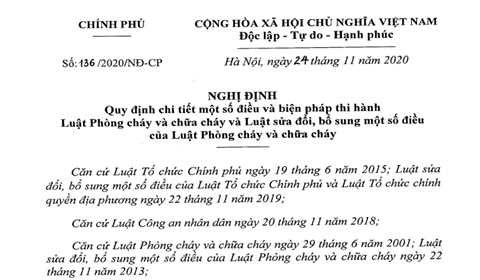 Nghị định 136/2020/NĐ-CP hướng dẫn Luật Phòng cháy và chữa cháy Nghị Định 136/2020/Nđ-Cp Hướng Dẫn Luật Phòng Cháy Và Chữa Cháy