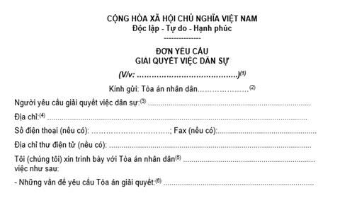 Mẫu đơn yêu cầu giải quyết việc dân sự và cách ghi Mẫu Đơn Yêu Cầu Giải Quyết Việc Dân Sự Và Cách Ghi