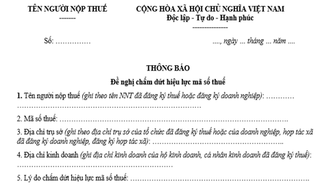 Mẫu 24/ĐK-TCT: Thông báo đề nghị chấm dứt hiệu lực mã số thuế