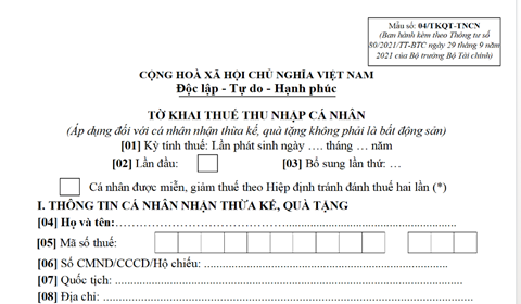 Mẫu 04/TKQT-TNCN – Tờ khai thuế TNCN từ thừa kế quà tặng không phải BĐS Mẫu 04/Tkqt-Tncn – Tờ Khai Thuế Tncn Từ Thừa Kế Quà Tặng Không Phải Bđs