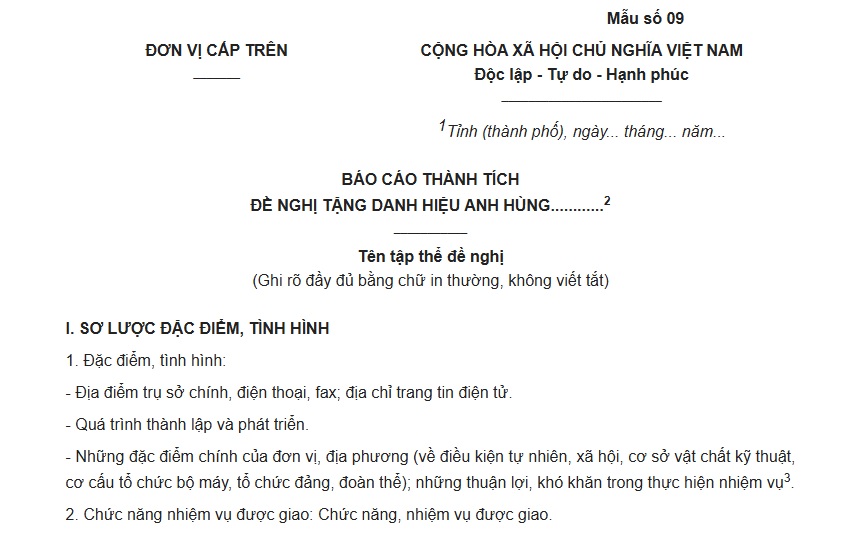 Mẫu Báo cáo thành tích đề nghị Anh hùng cho tập thể theo Nghị định 368/2026/NĐ-CP ra sao?
