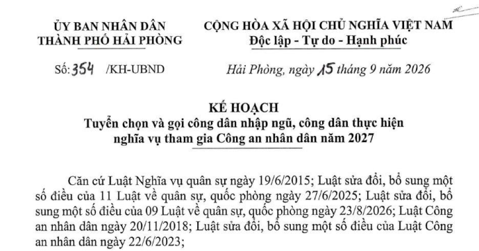 Kế hoạch 354/KH-UBND tuyển chọn gọi công dân nhập ngũ năm 2027 tại Hải Phòng như thế nào?