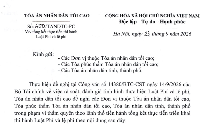 Công văn 600/TANDTC-PC tổng kết thực tiễn thi hành Luật Phí và lệ phí như thế nào?
