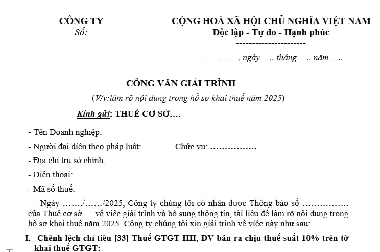 Mẫu công văn giải trình chênh lệch doanh thu mới nhất 2025?