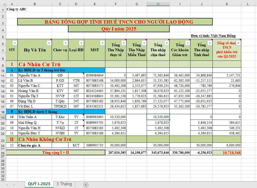 Mẫu file excel bảng tổng hợp tính thuế TNCN theo quý mới nhất 2025?