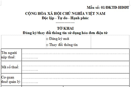 Mẫu tờ khai đăng ký sử dụng hóa đơn điện tử