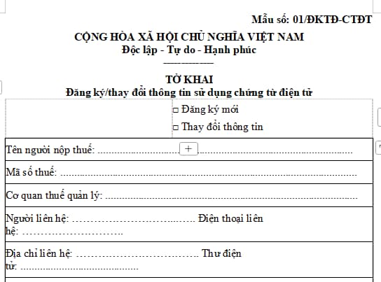 Mẫu tờ khai đăng ký sử dụng hóa đơn điện tử và chứng từ điện tử năm 2026?