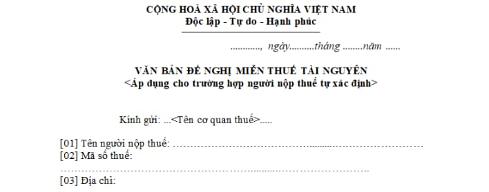 Mẫu văn bản đề nghị miễn thuế tài nguyên mới nhất hiện nay?