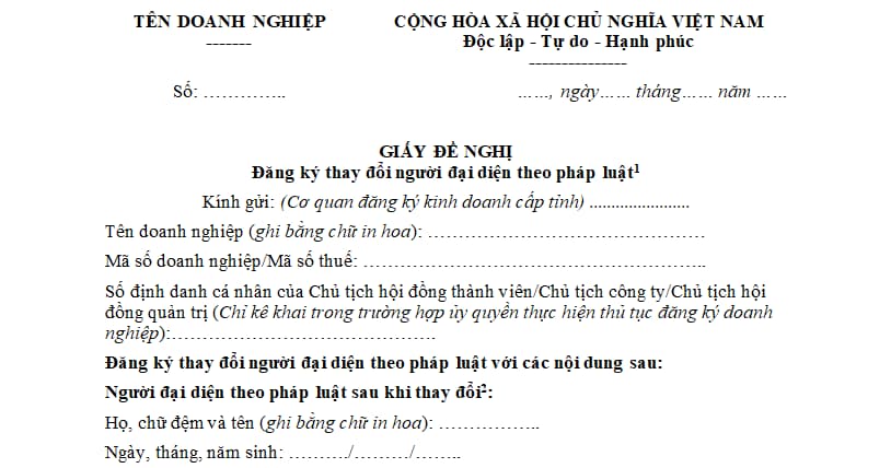 Mẫu Giấy đề nghị đăng ký thay đổi người đại diện theo pháp luật của doanh nghiệp mới nhất 2025?