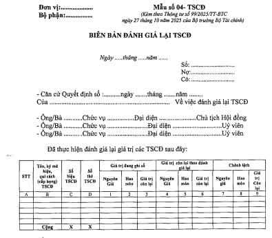 MẪU BIÊN BẢN ĐÁNH GIÁ LẠI TÀI SẢN CỐ ĐỊNH THEO THÔNG TƯ 133