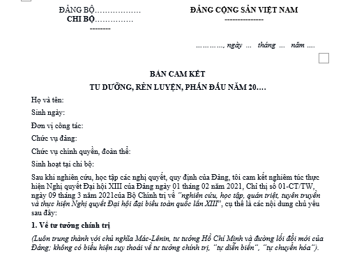 Bản cam kết tu dưỡng rèn luyện phấn đấu năm 2026 của Đảng viên