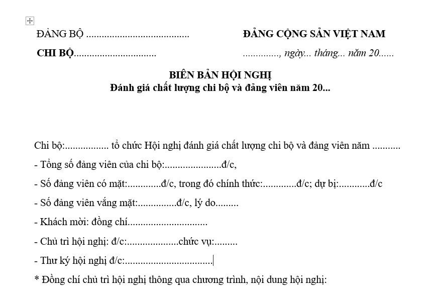 Mẫu Biên bản hội nghị kiểm điểm của Chi bộ cuối năm 2025 mới nhất?