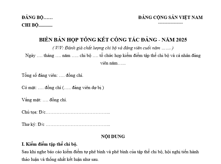 Mẫu biên bản họp tổng kết công tác đảng cuối năm 2025