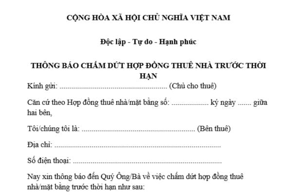 Mẫu thông báo chấm dứt hợp đồng thuê nhà trước thời hạn