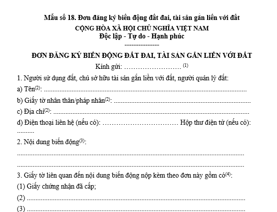 Mẫu đơn đăng ký biến động đất đai, tài sản gắn liền với đất năm 2026